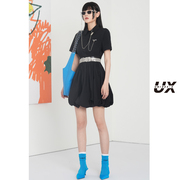 黑色蓬蓬连衣裙女UX夏季中长款宽松显瘦时尚收腰短袖长裙