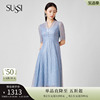 SUSSI/古色夏季蓝色蕾丝V领短袖中长款连衣裙长裙女