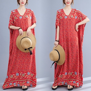 2021夏季红色花色V领长裙子波西米亚度假风宽松长袍时尚藏肉