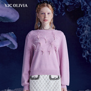 vjcolivia2023秋冬粉色羊毛针织衫，羽毛珍珠短款毛衫女装