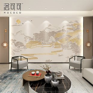 2024新中式墙纸楼阁山水壁画客厅电视背景壁纸卧室沙发影视墙壁布