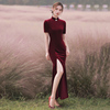 形体旗袍晚礼服女年轻款红色，丝绒鱼尾裙气质改良版连衣裙走秀长款