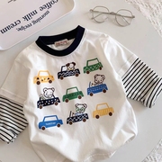 男童假两件长袖t恤日系秋季儿童宝宝小汽车卡通洋气纯棉上衣