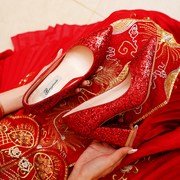 水晶婚鞋女2023年新娘鞋，结婚鞋子高跟婚纱鞋粗跟红色秀禾两穿