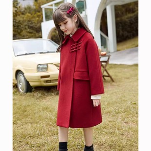 女童中国风红色毛呢大衣，2024中长款冬装女孩新年呢子风衣外套