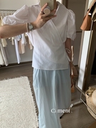 ciment 韩国 白色棉麻V领腰间绑带泡泡袖衬衣
