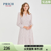 PRICH连衣裙长袖V领印花艺术感温柔职场通勤商务中长款裙子女