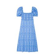 wmxz夏季23方领高腰，显瘦褶皱镂空刺绣蓝色短袖连衣长裙
