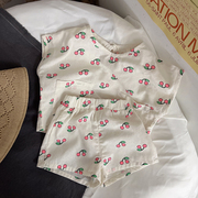 小清新~很洋气的棉麻，女童宝宝樱桃，印花薄款短袖+短裤两件套装夏季