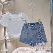 女童套装夏装短袖2023韩版网红霸气两件套中大童T恤牛仔短裤