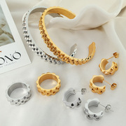 欧美小众设计表带纹钛钢镀金创意，戒指耳环开口手镯套装饰品