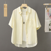 奶黄色纯棉衬衫女短袖夏季小个子短款上衣百搭衬衣休闲开衫薄外套