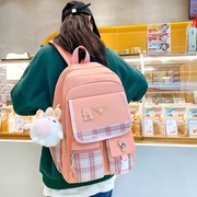 韩版少女双肩包小清新格纹大容量，小学生书包四件套，初中校园背包