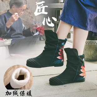 老北京布鞋女春秋冬季平跟民族风女鞋绣花鞋女单短筒布靴香荷