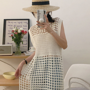 韩国chic夏季复古气质圆领网格镂空设计侧开叉无袖针织背心连衣裙