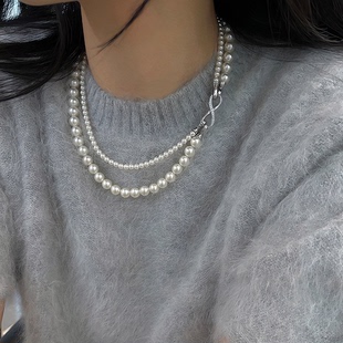施家可拆分经典白珍珠(白珍珠，)8字扣双层项链，高档轻奢小众毛衣链饰品