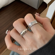 suzyacc kr复古重工做旧字母纯银戒指女小众设计食指戒可调节指环