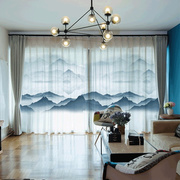 高档现代新中式装修风格窗帘客厅，水墨山水画中国风风景窗纱布纱帘