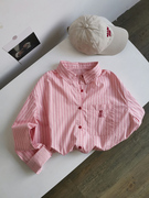 韩国粉红竖条纹长袖衬衫女春夏季小众设计感口袋刺绣显白全棉衬衣