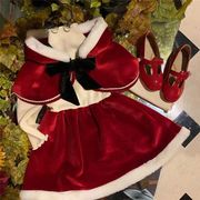 女童红色圣诞裙秋冬季礼服裙，斗篷套裙新年公主裙小女孩连衣裙韩国