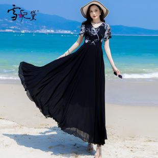 夏季黑色雪纺连衣裙女长款到脚踝海边沙滩超长气质显瘦拼接大摆裙