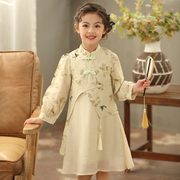 女童复古中国风连衣裙，2024春季儿童名媛风，长袖新中式旗袍裙子