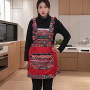 2024抖音名族风国风酒红色背带式家用厨房围裙风味工作服
