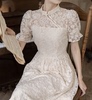 mimodk国风重工刺绣蕾丝，改良旗袍裙米白色气质，短袖高腰连衣裙夏
