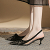 欧洲站蕾丝法式6公分小跟低跟包头凉鞋女夏季网纱高跟鞋细跟尖头