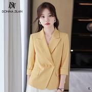 黄色中袖职业西装外套女夏季薄款2024韩版修身西服，ol气质上衣