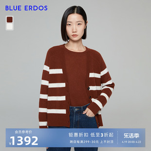 blueerdos女装秋冬长袖，v领条纹，设计夹条羊绒针织衫女开衫
