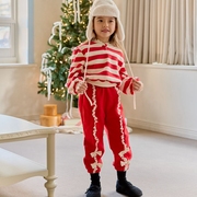 女童圣诞套装韩国童装BerryBerry2023冬季洋气条纹红色加绒卫衣裤
