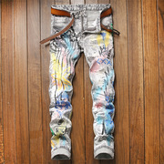 嘻哈青年潮牌泼墨水洗彩绘涂鸦抽象印花牛仔长裤，小脚修身裤男女款