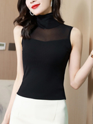 韩版女装高领无袖打底衫女网纱T恤修身百搭上衣纯色显瘦内搭小衫