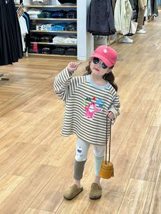 韩版童装女童可爱卡通印花条纹T恤裙2024春女宝幼儿园中长款T恤潮