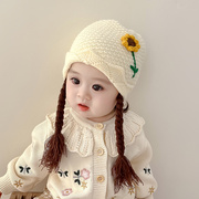 毛线帽子婴儿假发帽辫子1一岁女宝宝针织帽，秋冬季女孩冬天款女童2