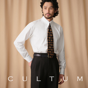 竹纤维cultum复古长尖领暗扣白色，衬衫男长袖商务修身西装衬衣