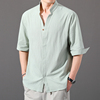 男士棉麻衬衫短袖2024年薄款七分袖衬衣，夏季亚麻休闲青年男装