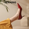 TATA PERKO联酒红色尖头高跟鞋女小跟绒婚鞋新娘真皮气质通勤单鞋