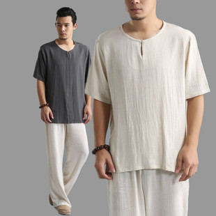 中国风男式薄款t恤夏季宽松时尚圆领，复古精细棉绸短袖衫男装