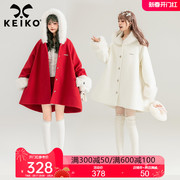keiko新年系列红色毛呢外套女2024早春斗篷型显瘦连帽呢子大衣