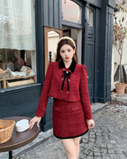 法式红色小香风套装女春季轻奢蝴蝶结上衣加半身短裙两件套