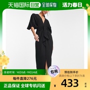 香港直邮潮奢asos女士设计蝙蝠，袖深v领前襟绑带绉纱中长连衣裙(