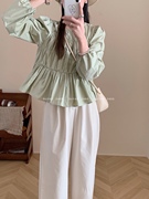 suyar韩系压褶瘦腰圆领长袖衬衫，2024年春拼接泡泡袖纯色小衫