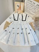 7m高品质女孩夏季白色娃娃领连衣裙，纯棉a字版蝴蝶结绣花棉布裙韩