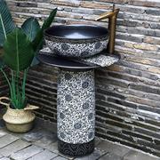 中式青花立柱式洗脸盆，复古陶瓷洗手盆户外庭院，一体式阳台仿古水池