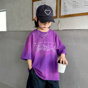 男童紫色扎染t恤短袖2024儿童夏装上衣中大童男孩夏季薄款潮T