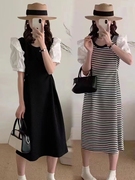 法式泡泡袖黑白条纹连衣裙女夏季2023高级感收腰显瘦长裙子潮