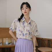 chiclady2023夏季法式复古翻领，印花雪纺上衣宽松短袖衬衫女