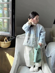 韩系女童棉服2023洋气蓝色碎花，拼接显白森系加绒加厚保暖棉服